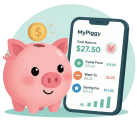 MyPiggy piggy bank mascot beside a money tracking screen